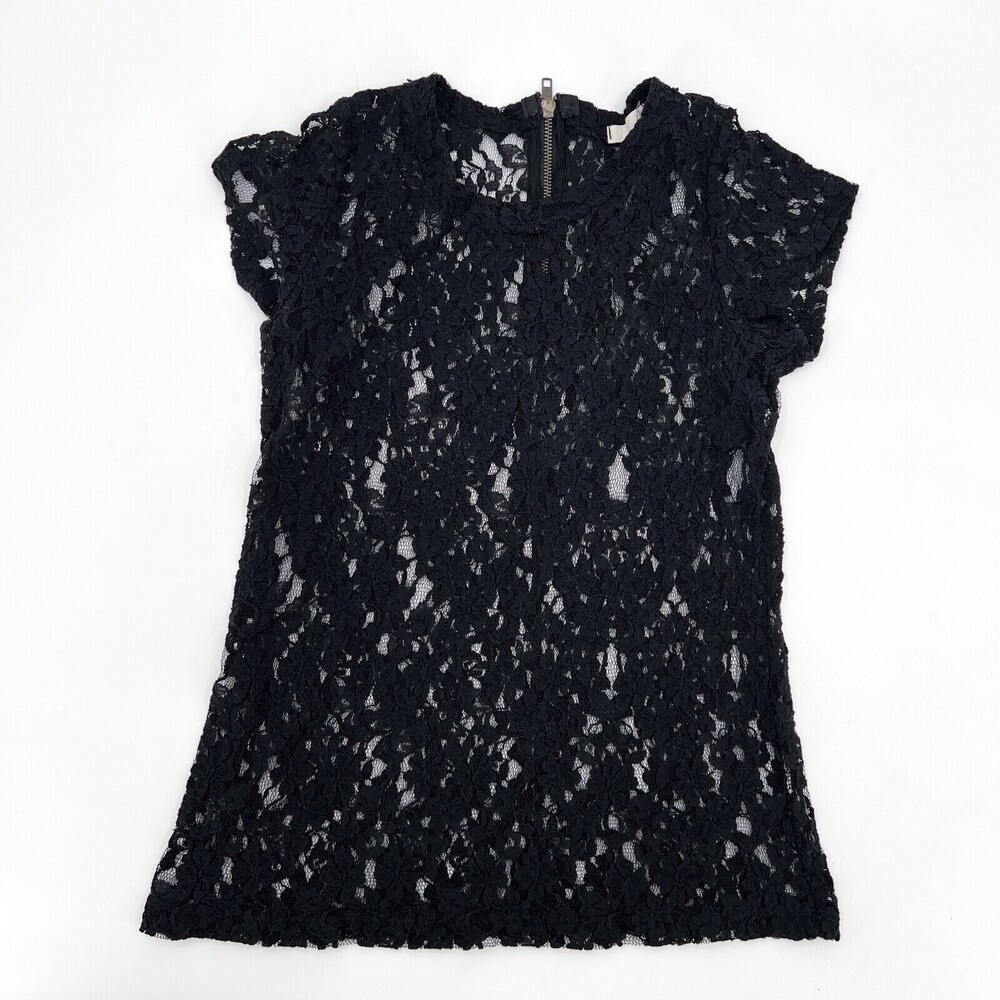 Lush Shirt Womens Medium Black Blouse Lace Crochet Short Sleeve Zip Floral